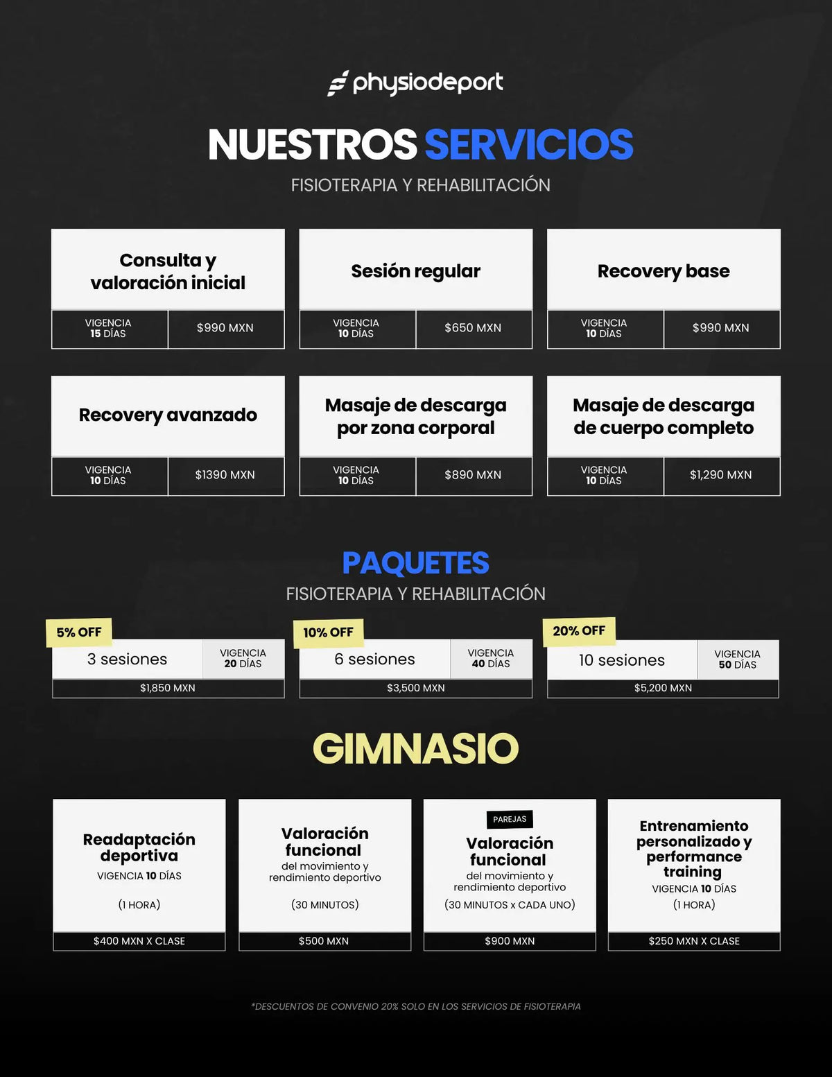 Servicios, paquetes y gimnasio
