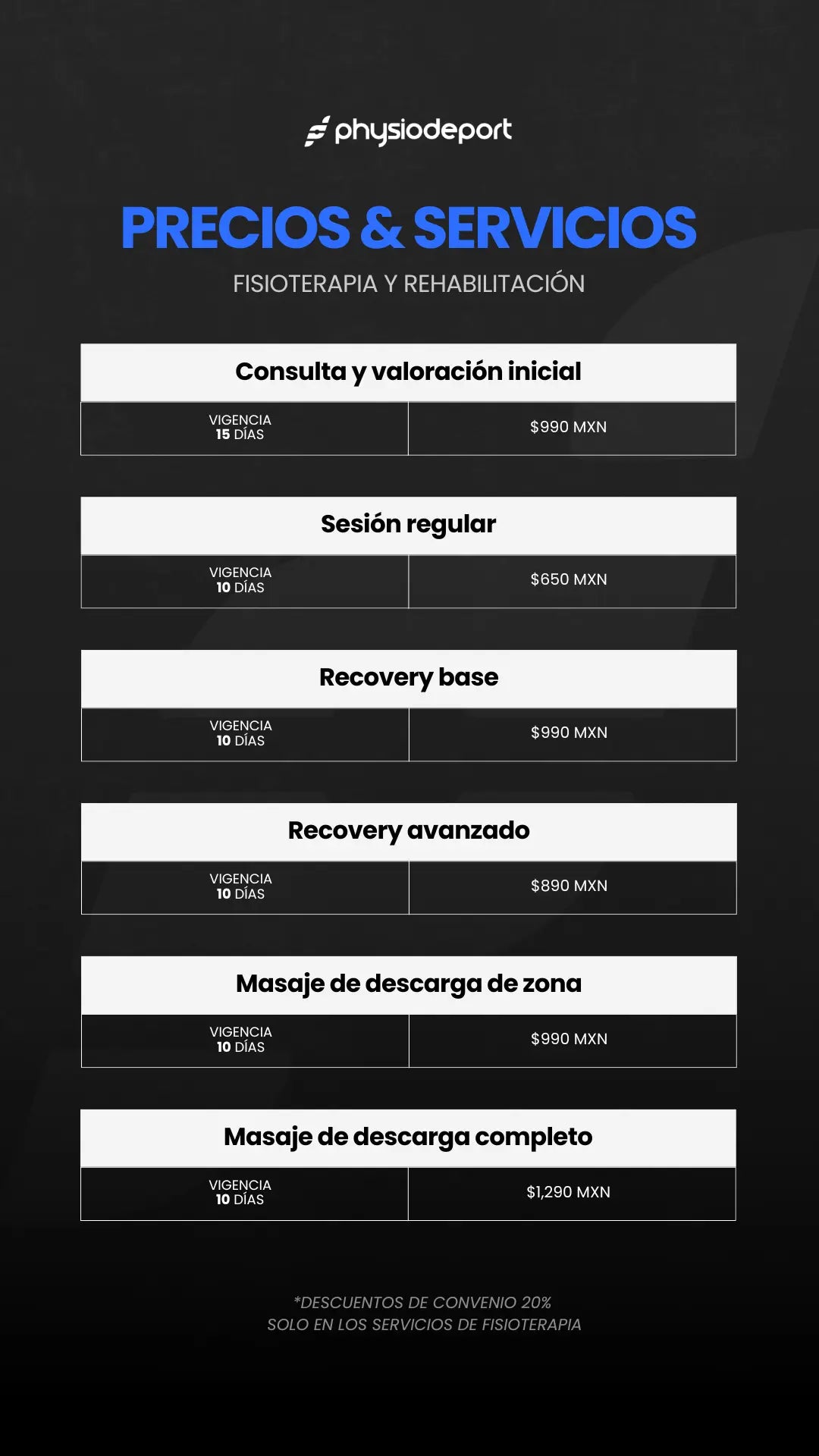 Precios y servicios de fisioterapia